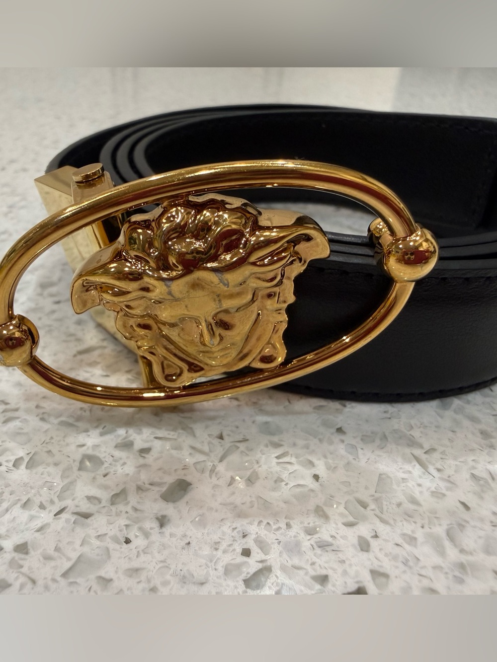 Gold Medusa Buckle Black Leather Belt